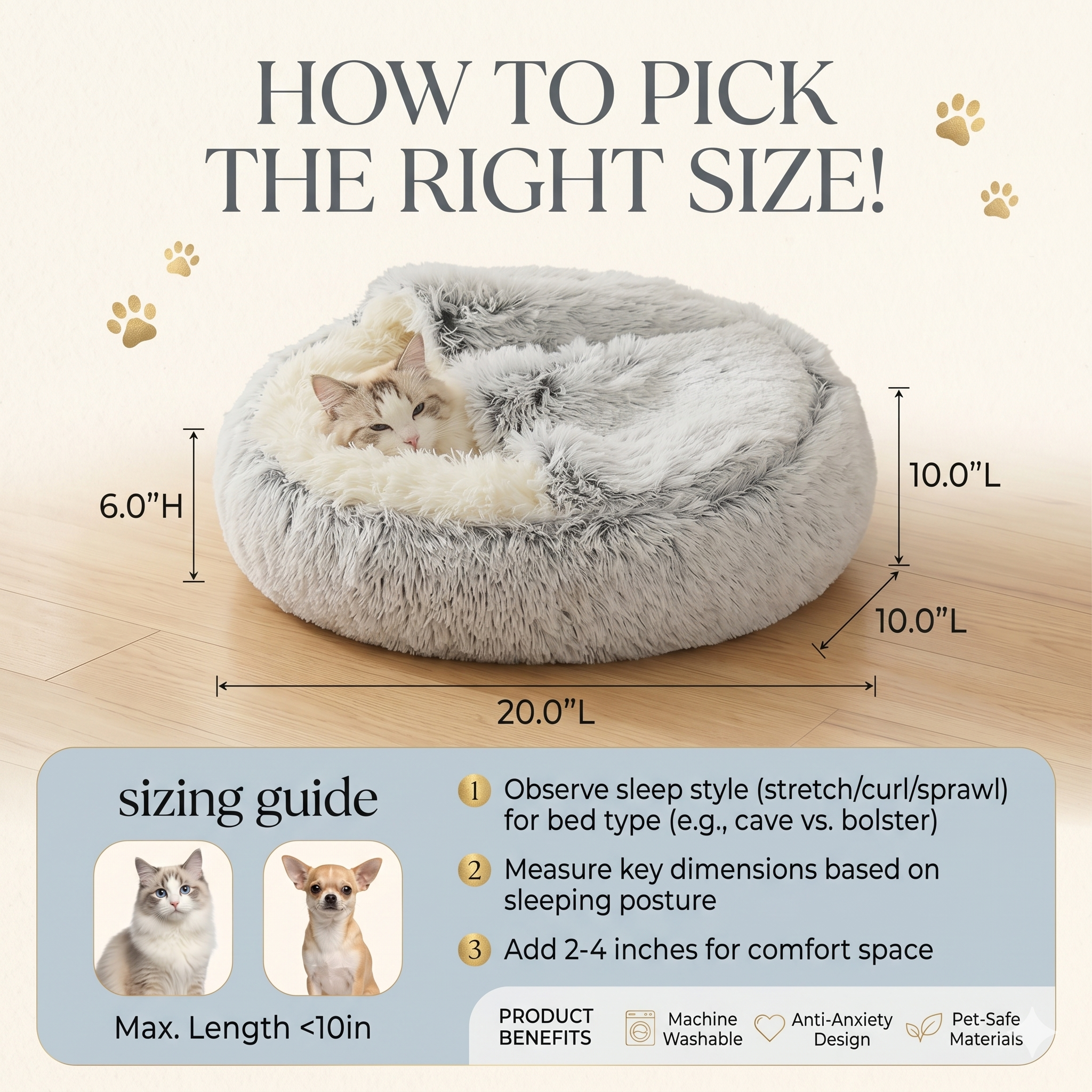 ShinHye Cat Bed Round Plush Fluffy Hooded Cat Bed Cave, Cozy for Indoor Cats or Small Dog beds, Soothing Pet Beds Doughnut Calm Anti-nxiety Dog Bed - Waterproof Bottom Washable (20×20inch, Grey)