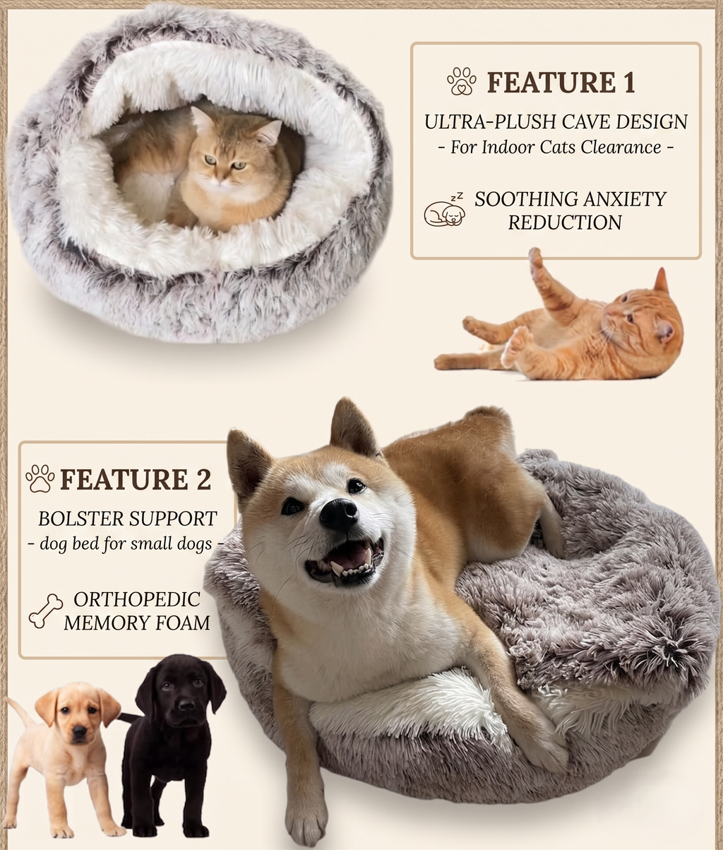 ShinHye Cat Bed Round Plush Fluffy Hooded Cat Bed Cave, Cozy for Indoor Cats or Small Dog beds, Soothing Pet Beds Doughnut Calm Anti-nxiety Dog Bed - Waterproof Bottom Washable (20×20inch, Grey)