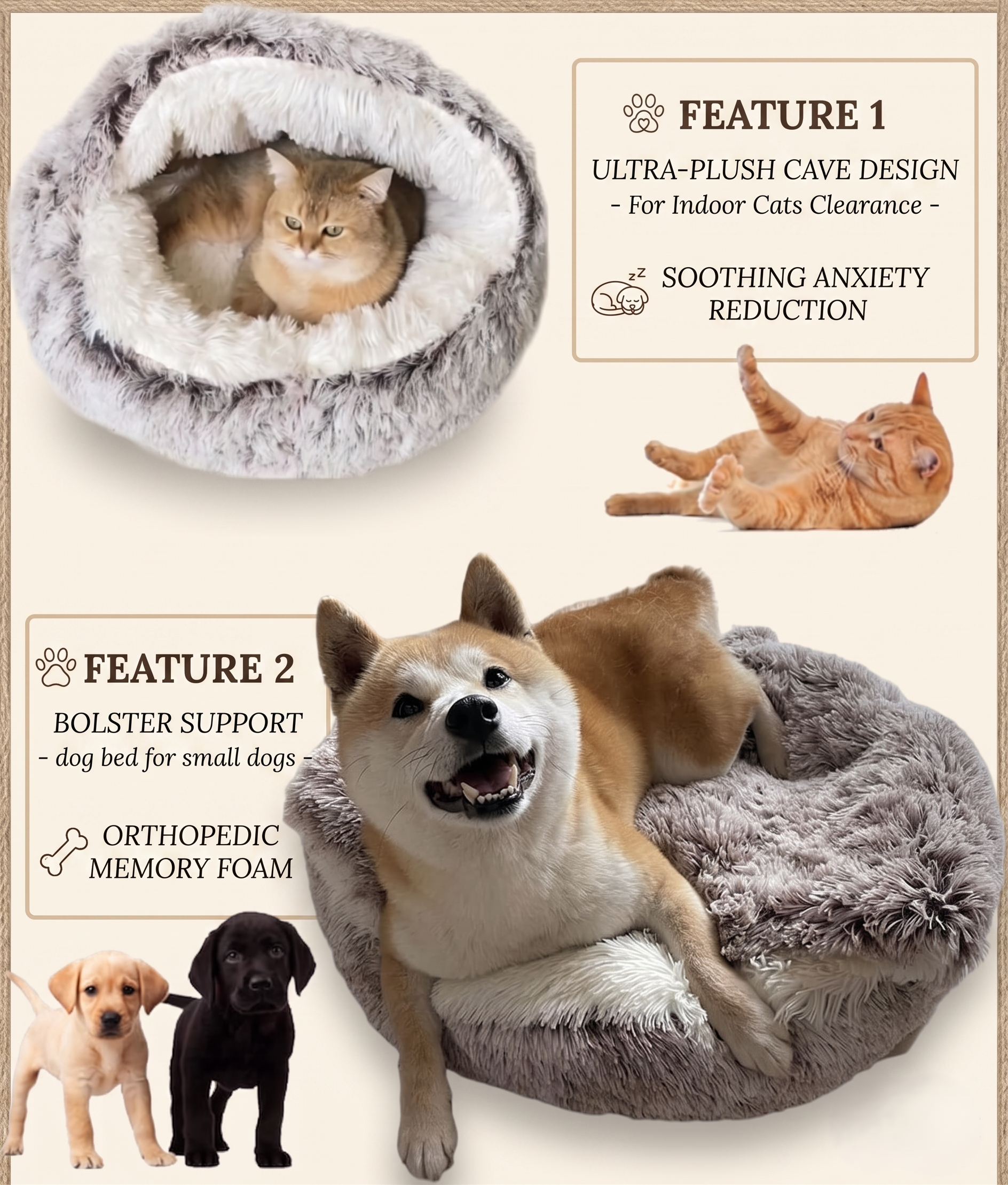 ShinHye Cat Bed Round Plush Fluffy Hooded Cat Bed Cave, Cozy for Indoor Cats or Small Dog beds, Soothing Pet Beds Doughnut Calm Anti-nxiety Dog Bed - Waterproof Bottom Washable (20×20inch, Grey)