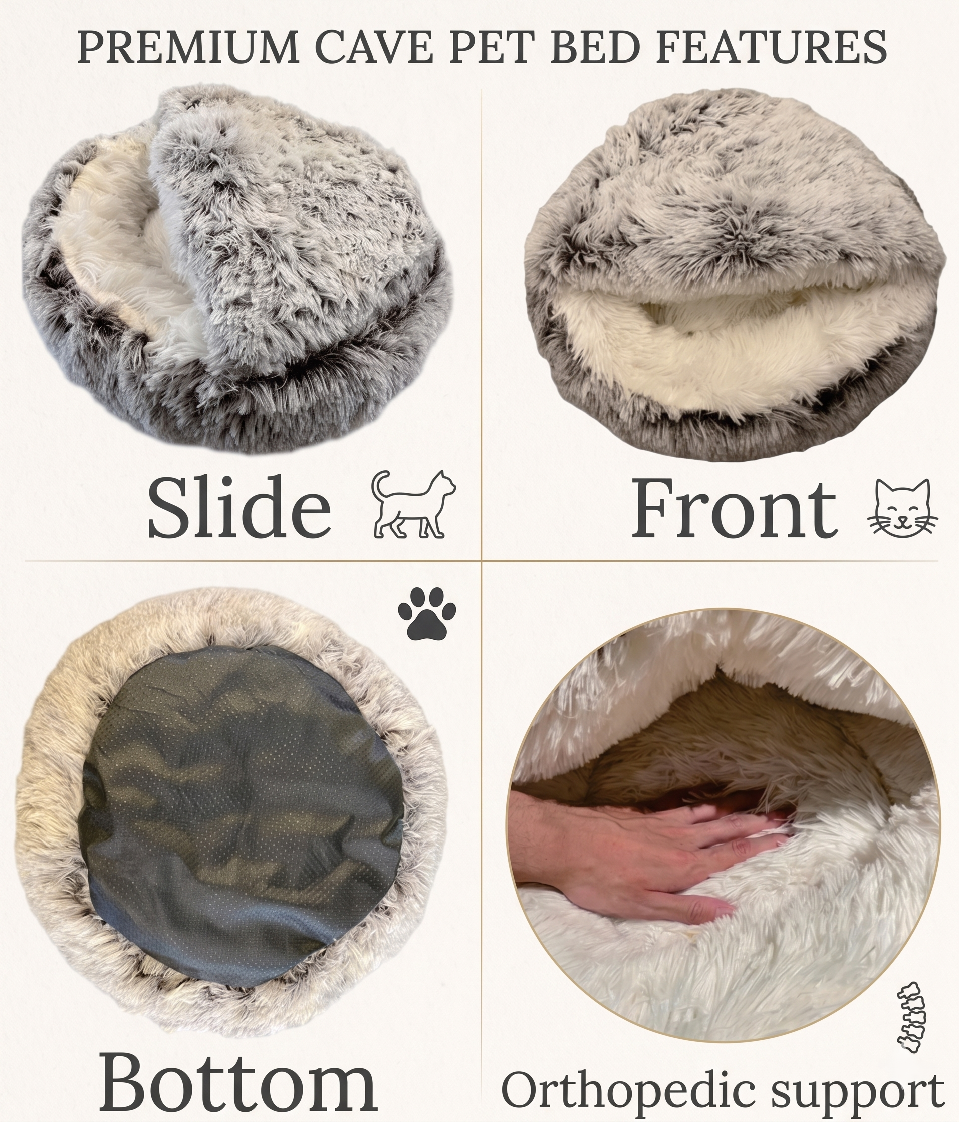 ShinHye Cat Bed Round Plush Fluffy Hooded Cat Bed Cave, Cozy for Indoor Cats or Small Dog beds, Soothing Pet Beds Doughnut Calm Anti-nxiety Dog Bed - Waterproof Bottom Washable (20×20inch, Grey)