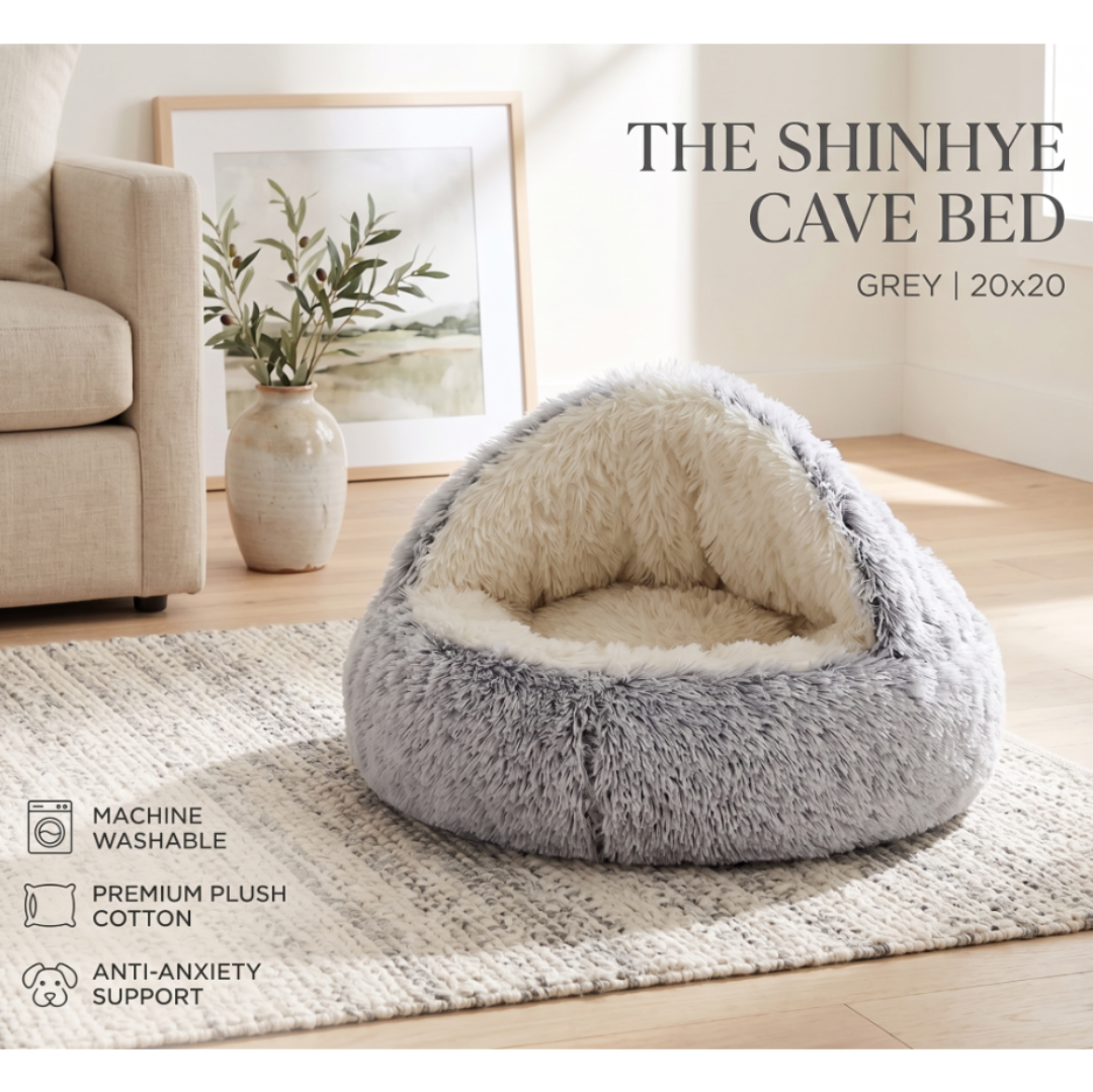 ShinHye Cat Bed Round Plush Fluffy Hooded Cat Bed Cave, Cozy for Indoor Cats or Small Dog beds, Soothing Pet Beds Doughnut Calm Anti-nxiety Dog Bed - Waterproof Bottom Washable (20×20inch, Grey)