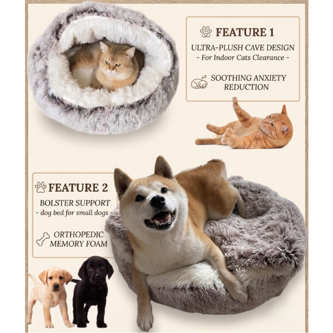 ShinHye Cat Bed Round Plush Fluffy Hooded Cat Bed Cave, Cozy for Indoor Cats or Small Dog beds, Soothing Pet Beds Doughnut Calm Anti-nxiety Dog Bed - Waterproof Bottom Washable (20×20inch, Grey)